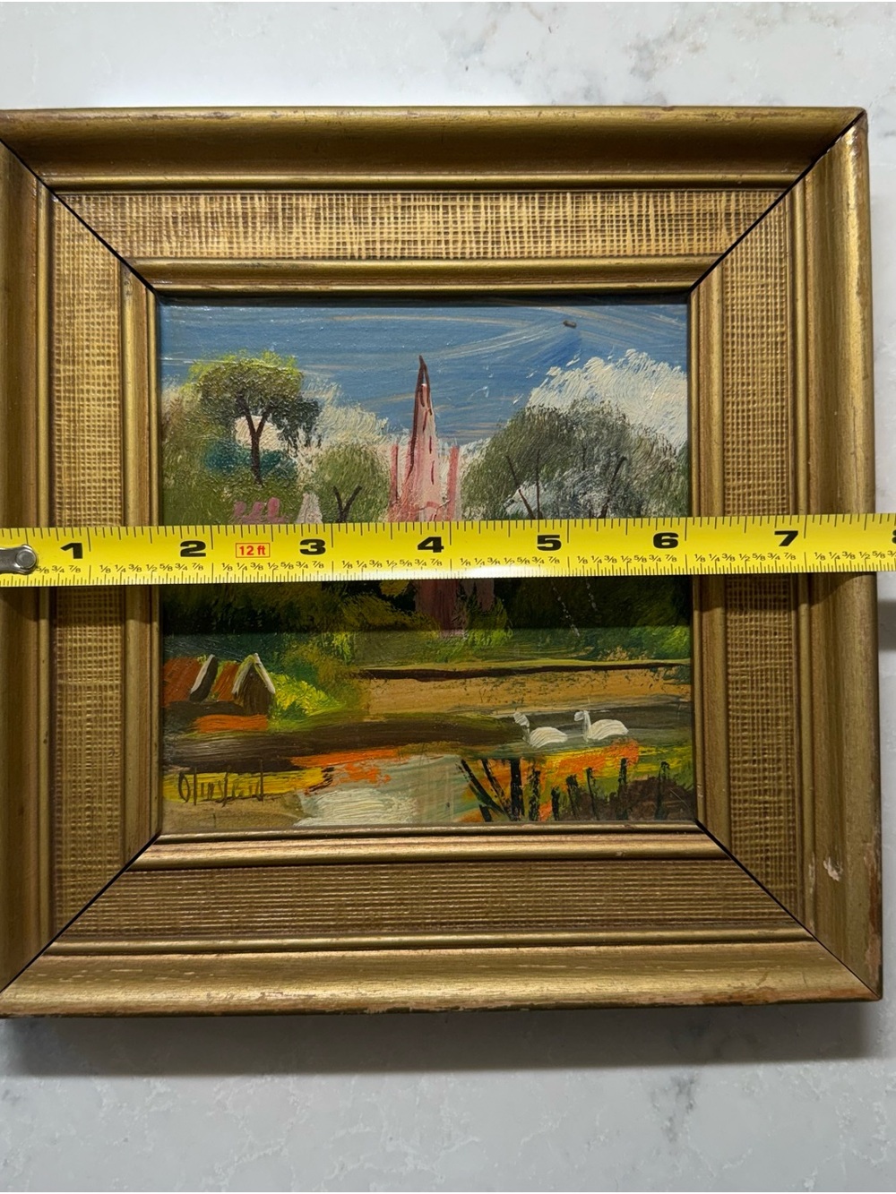 Framed Hand-Painted Landscape Art in Gold Frame - Pink Church & Green Foliage - Picture 4 of 4